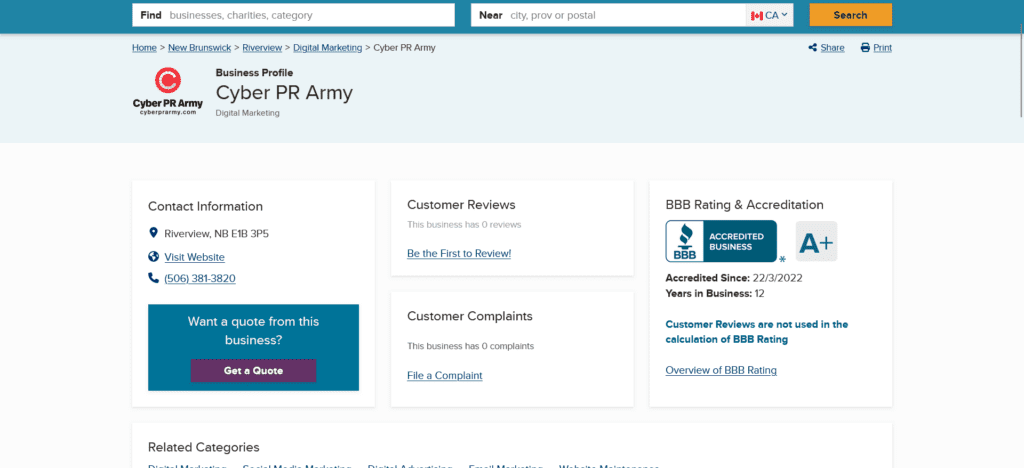 Cyber PR Army Solutions Inc. Solutions Inc Better Business Bureau® Profile with A+ rating in New Brunswick
