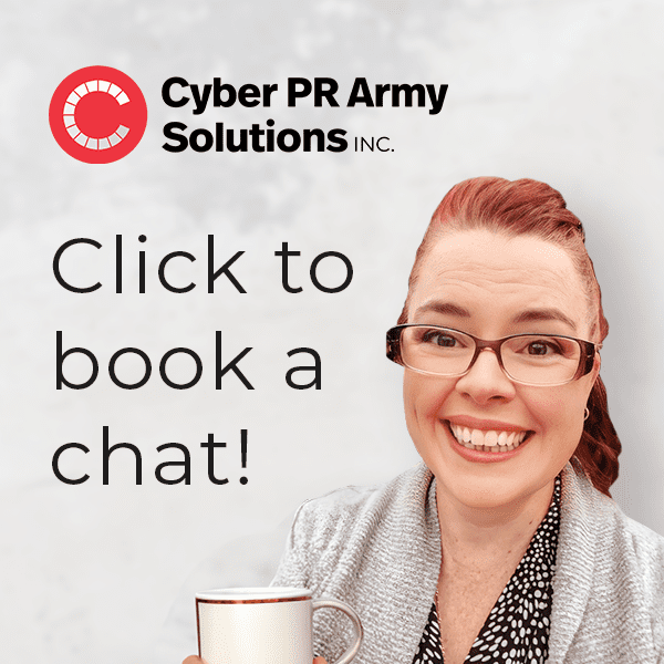 Free Virtual Coffee with Digital Marketing Consultant graphic, "Click to book a chat!" featuring Lynn smiling with a coffee cup