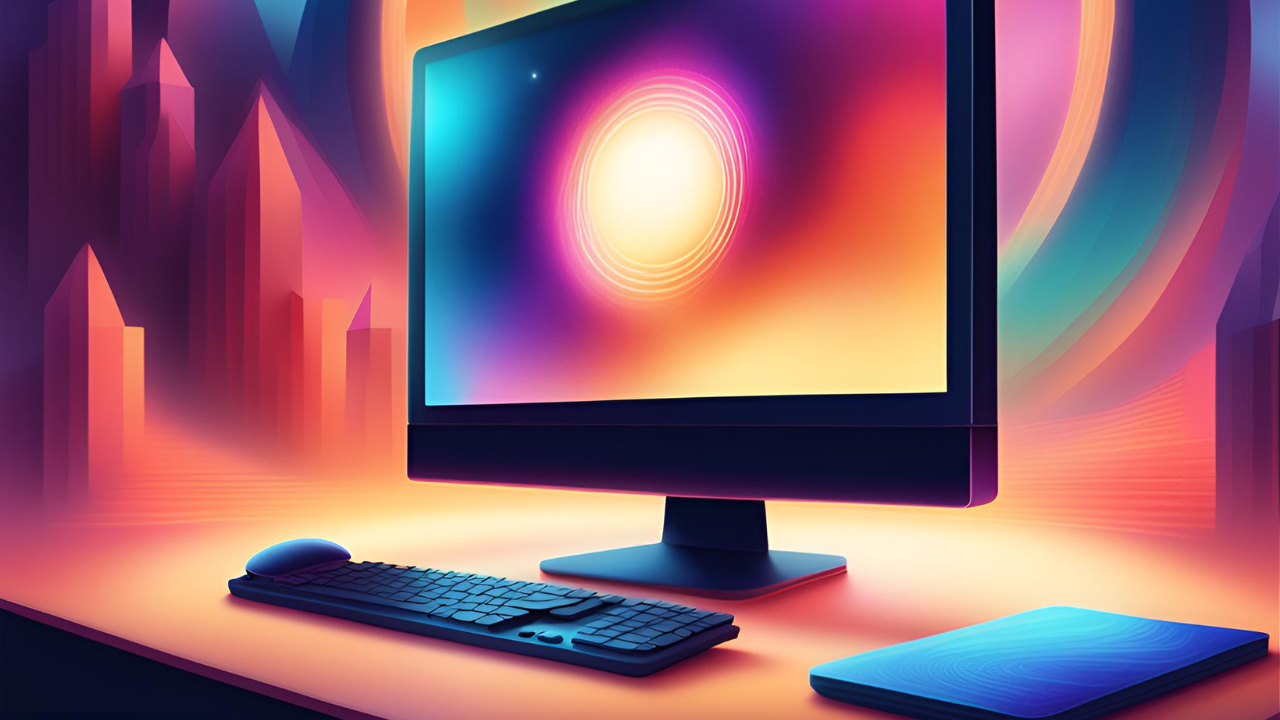AI generated image of a computer on a desk with an abstract, surreal and colourful background representing space